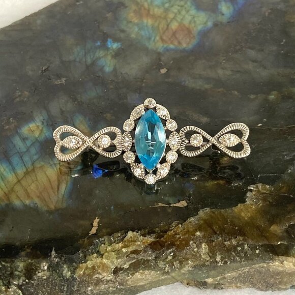 Sterling Silver 925 CJ Marquise Swiss Blue Topaz Cubic Zirconia Heart Bar Brooch - Picture 1 of 16